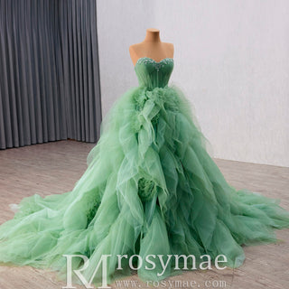 Green Strapless Tulle Party Dress Formal Gown with Ruffled Skirt