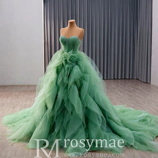 Green Strapless Tulle Party Dress Formal Gown with Ruffled Skirt