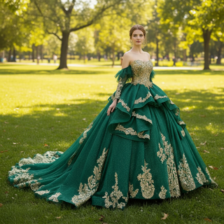 Green-Tulle-Sequins-Appliques-Strapless-Pearls-Quinceanera-Gown