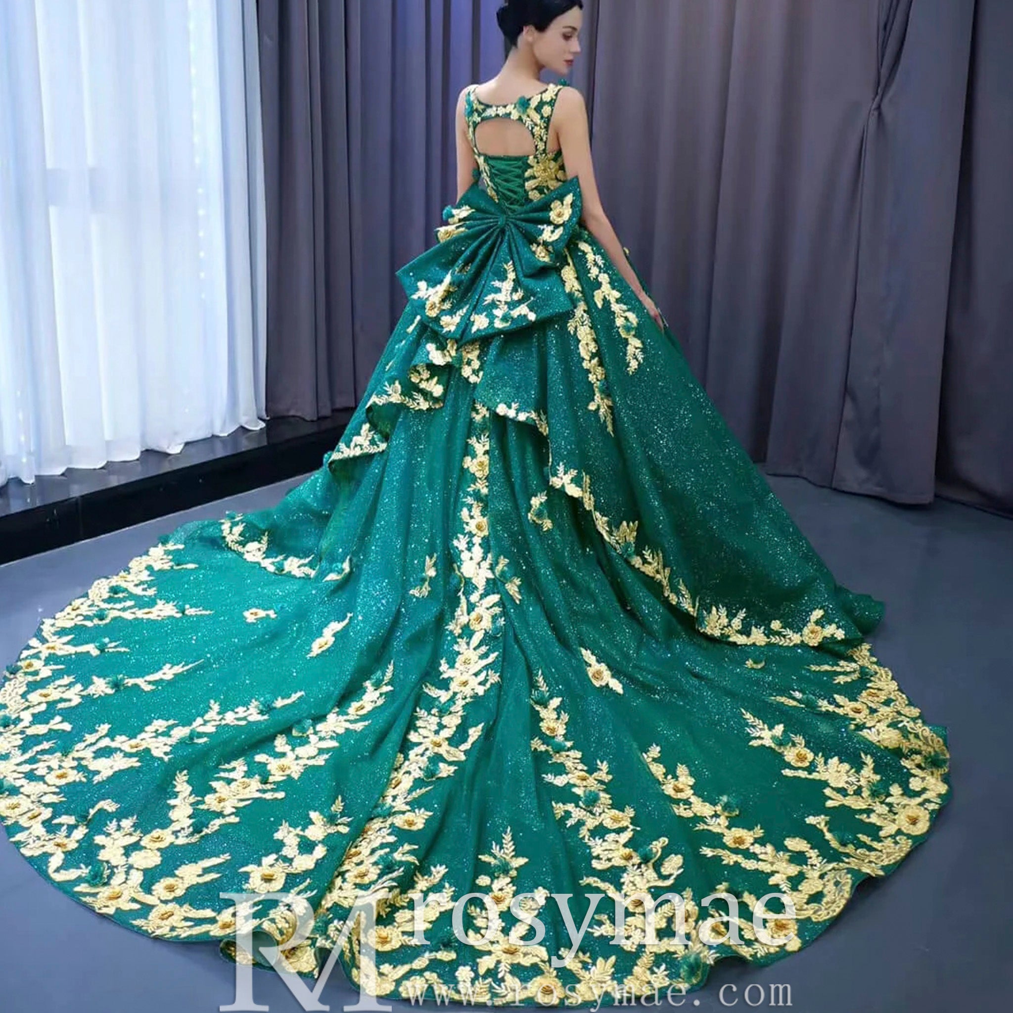 Gold Floral Lace Spring Green Wedding Dress Sparkly Tulle Ball Gown Custom Color / 16 Gold Floral Lace Spring Green Wedding Dress Sparkly Tulle Ball Gown Custom Color / 16