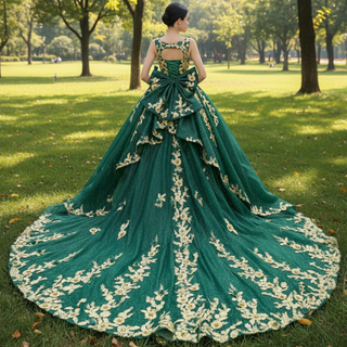 Gold Floral Lace Spring Green Wedding Dress Sparkly Tulle Ball Gown