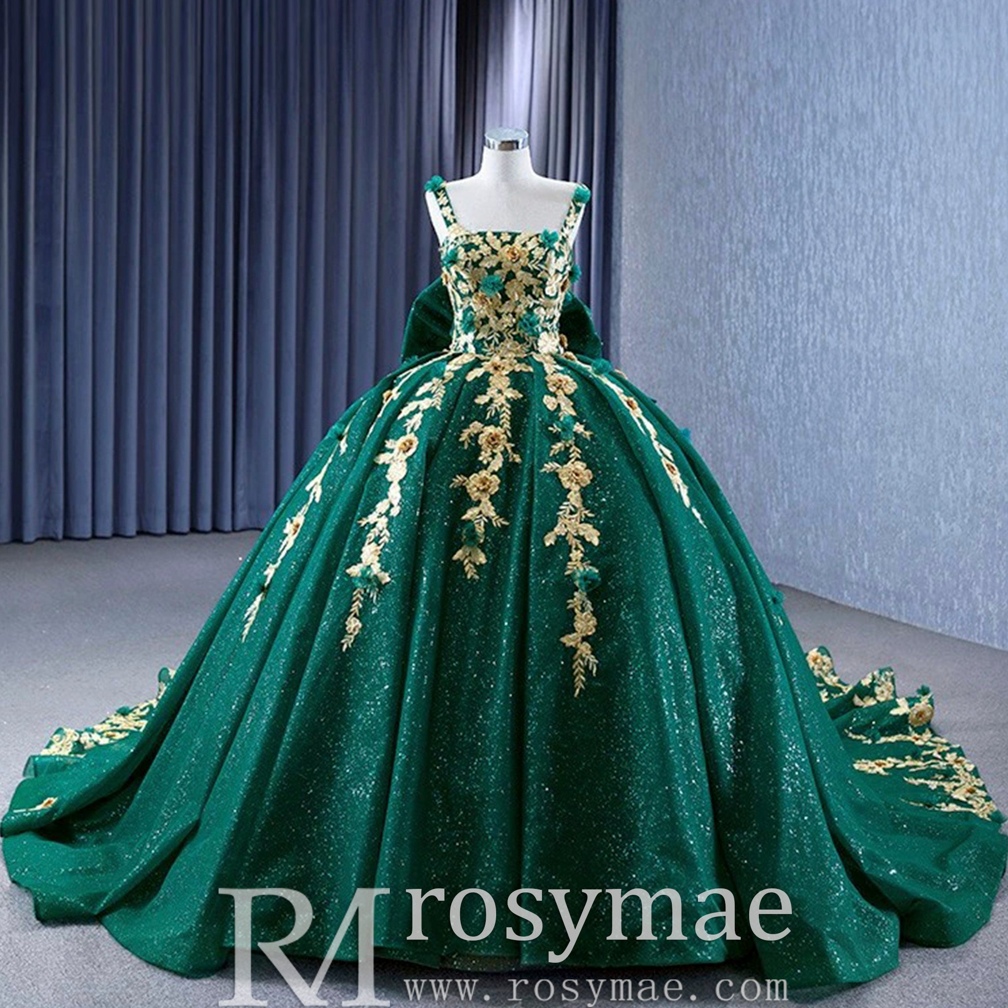 Gold Floral Lace Spring Green Wedding Dress Sparkly Tulle Ball Gown Custom Color / 16 Gold Floral Lace Spring Green Wedding Dress Sparkly Tulle Ball Gown Custom Color / 16