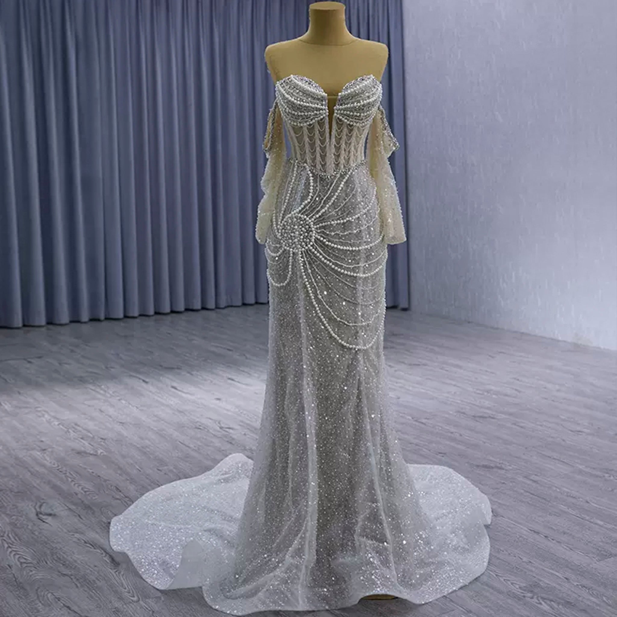 High-end Pearls Mermaid Wedding Dress with Detachable Sleeve Light Gray / 28W High-end Pearls Mermaid Wedding Dress with Detachable Sleeve Light Gray / 28W