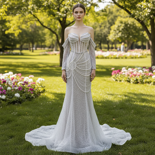 High-end Pearls Mermaid Wedding Dress with Detachable Sleeve
