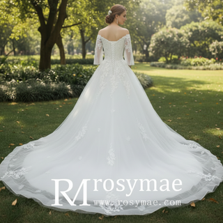 V-Neck Half-Sleeve Tulle Lace Ball Gown Wedding Dress