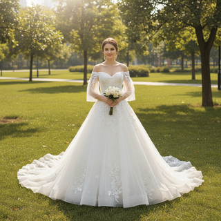 V-Neck Half-Sleeve Tulle Lace Ball Gown Wedding Dress