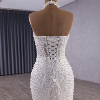 Luxury Trumpet Ruffle Wedding Dress with Halter Keyhole Neckline & Detachable Cape