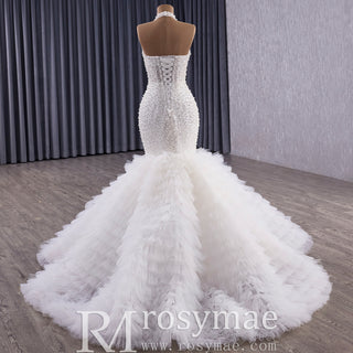 Luxury Trumpet Ruffle Wedding Dress with Halter Keyhole Neckline & Detachable Cape