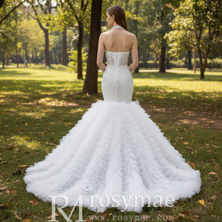 Luxury Trumpet Ruffle Wedding Dress with Halter Keyhole Neckline & Detachable Cape
