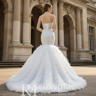 Luxury Trumpet Ruffle Wedding Dress with Halter Keyhole Neckline & Detachable Cape