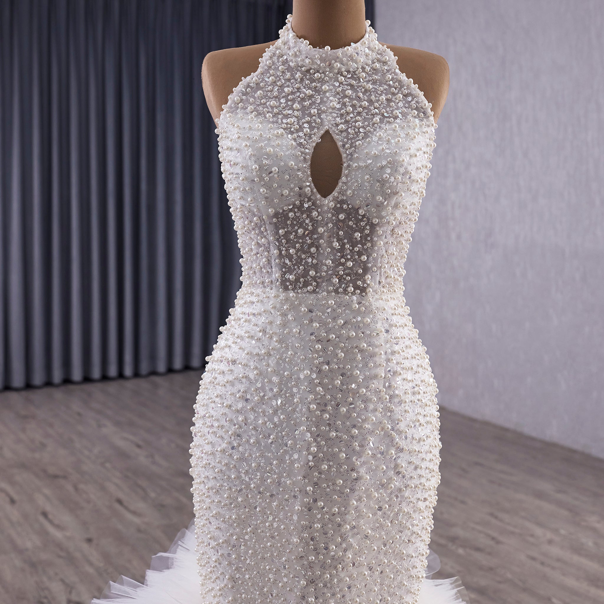 Luxury Trumpet Ruffle Wedding Dress with Halter Keyhole Neckline & Detachable Cape White / 10 Luxury Trumpet Ruffle Wedding Dress with Halter Keyhole Neckline & Detachable Cape White / 10