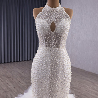 Luxury Trumpet Ruffle Wedding Dress with Halter Keyhole Neckline & Detachable Cape