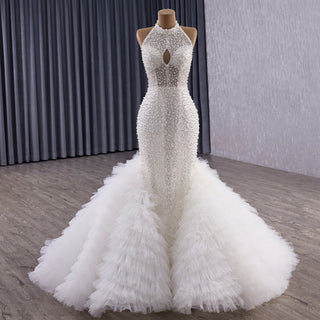 Luxury Trumpet Ruffle Wedding Dress with Halter Keyhole Neckline & Detachable Cape
