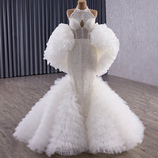 Luxury Trumpet Ruffle Wedding Dress with Halter Keyhole Neckline & Detachable Cape White / 10 Luxury Trumpet Ruffle Wedding Dress with Halter Keyhole Neckline & Detachable Cape White / 10