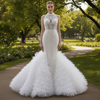 Luxury Trumpet Ruffle Wedding Dress with Halter Keyhole Neckline & Detachable Cape