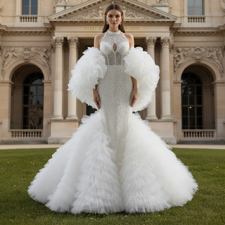 Luxury Trumpet Ruffle Wedding Dress with Halter Keyhole Neckline & Detachable Cape