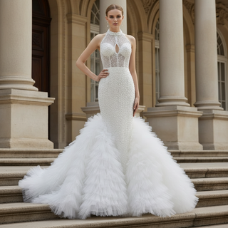 Luxury Trumpet Ruffle Wedding Dress with Halter Keyhole Neckline & Detachable Cape