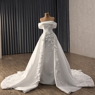Hand-Beaded Off Shoulder Luxury Satin Wedding Dress with D Floral Appliqués