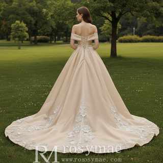 Hand-Beaded Off Shoulder Luxury Satin Wedding Dress with D Floral Appliqués