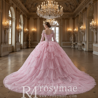 Fairy Candy Pink Quinceanera Dress with V-Neckline Cascading Tiered Ruffles