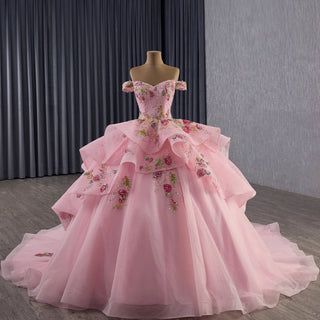 Pink Off-Shoulder Quinceañera Ball Gown with Sequins & 3D Floral Appliqués