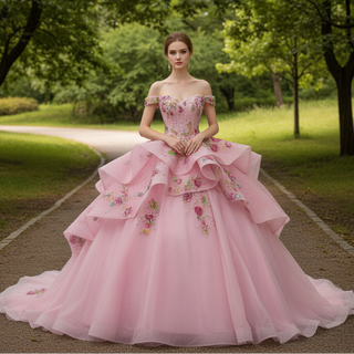 Pink Off-Shoulder Quinceañera Ball Gown with Sequins & 3D Floral Appliqués