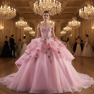 Pink Off-Shoulder Quinceañera Ball Gown with Sequins & 3D Floral Appliqués