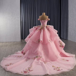 Pink Off-Shoulder Quinceañera Ball Gown with Sequins & 3D Floral Appliqués