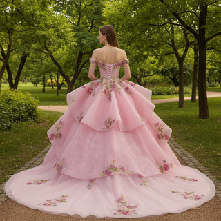 Pink Off-Shoulder Quinceañera Ball Gown with Sequins & 3D Floral Appliqués