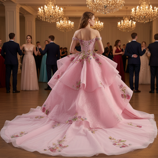 Pink Off-Shoulder Quinceañera Ball Gown with Sequins & 3D Floral Appliqués
