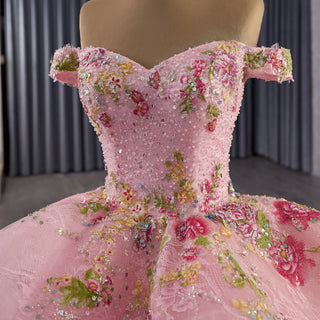 Pink Off-Shoulder Quinceañera Ball Gown with Sequins & 3D Floral Appliqués