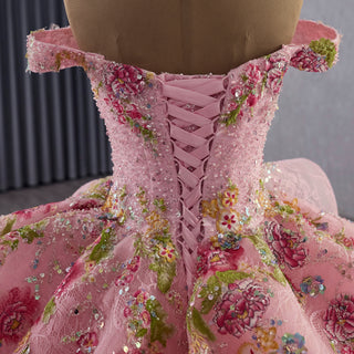 Pink Off-Shoulder Quinceañera Ball Gown with Sequins & 3D Floral Appliqués