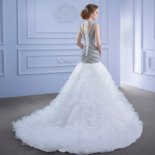 Beaded Mermaid Ruffle Wedding Dress High Neck Trumpet Bridal Gown