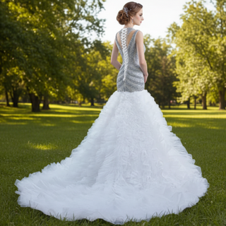 Beaded Mermaid Ruffle Wedding Dress High Neck Trumpet Bridal Gown