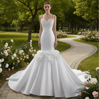 Luxury Trumpet Mermaid Wedding Dress with Handmade 3D Floral Appliqués