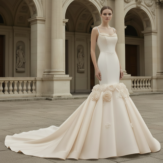 Luxury Trumpet Mermaid Wedding Dress with Handmade 3D Floral Appliqués