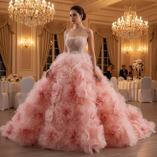 Luxury Blushing Pink Ball Gown Quinceañera Dress with 3D Floral Appliqués