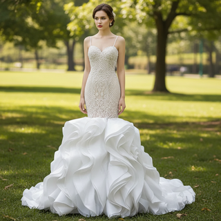 Luxury Spaghetti Straps Mermaid Wedding Dress with Ruffle Skirt