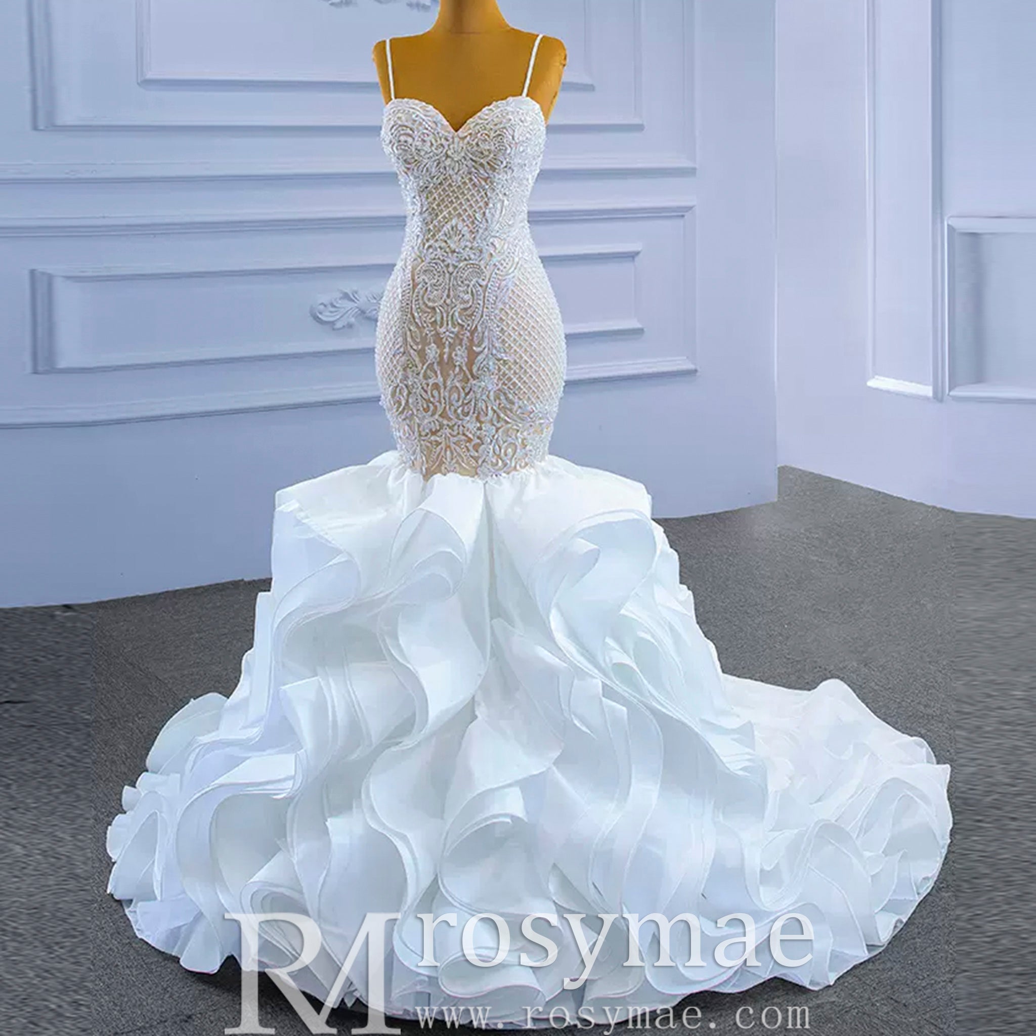 Luxury Spaghetti Straps Mermaid Wedding Dress with Ruffle Skirt White / 18 Luxury Spaghetti Straps Mermaid Wedding Dress with Ruffle Skirt White / 18