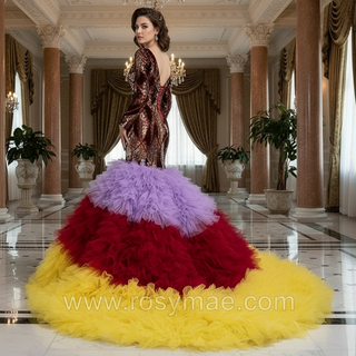 Colored Mermaid Prom Dress Sequins Long Sleeves Evening Dress