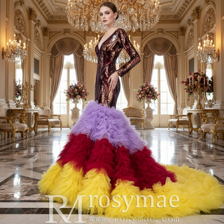 Colored Mermaid Prom Dress Sequins Long Sleeves Evening Dress