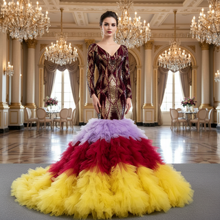 Colored Mermaid Prom Dress Sequins Long Sleeves Evening Dress