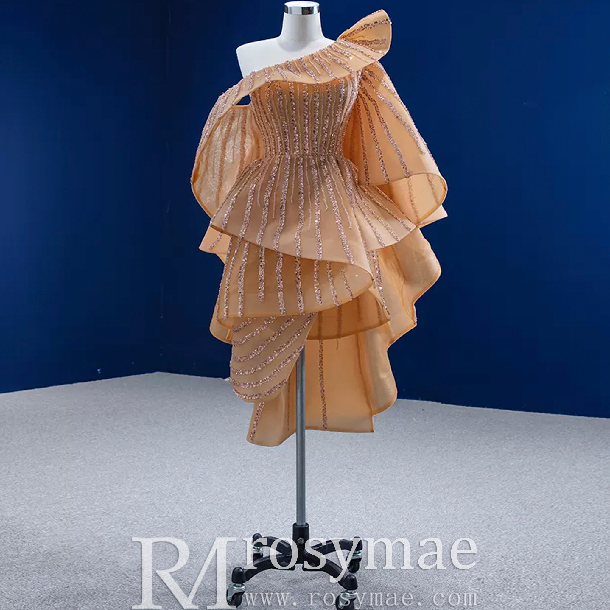 Graduation Dress Above Knee Midi Prom Gown with Ruffle Champagne Gold / 26W Graduation Dress Above Knee Midi Prom Gown with Ruffle Champagne Gold / 26W