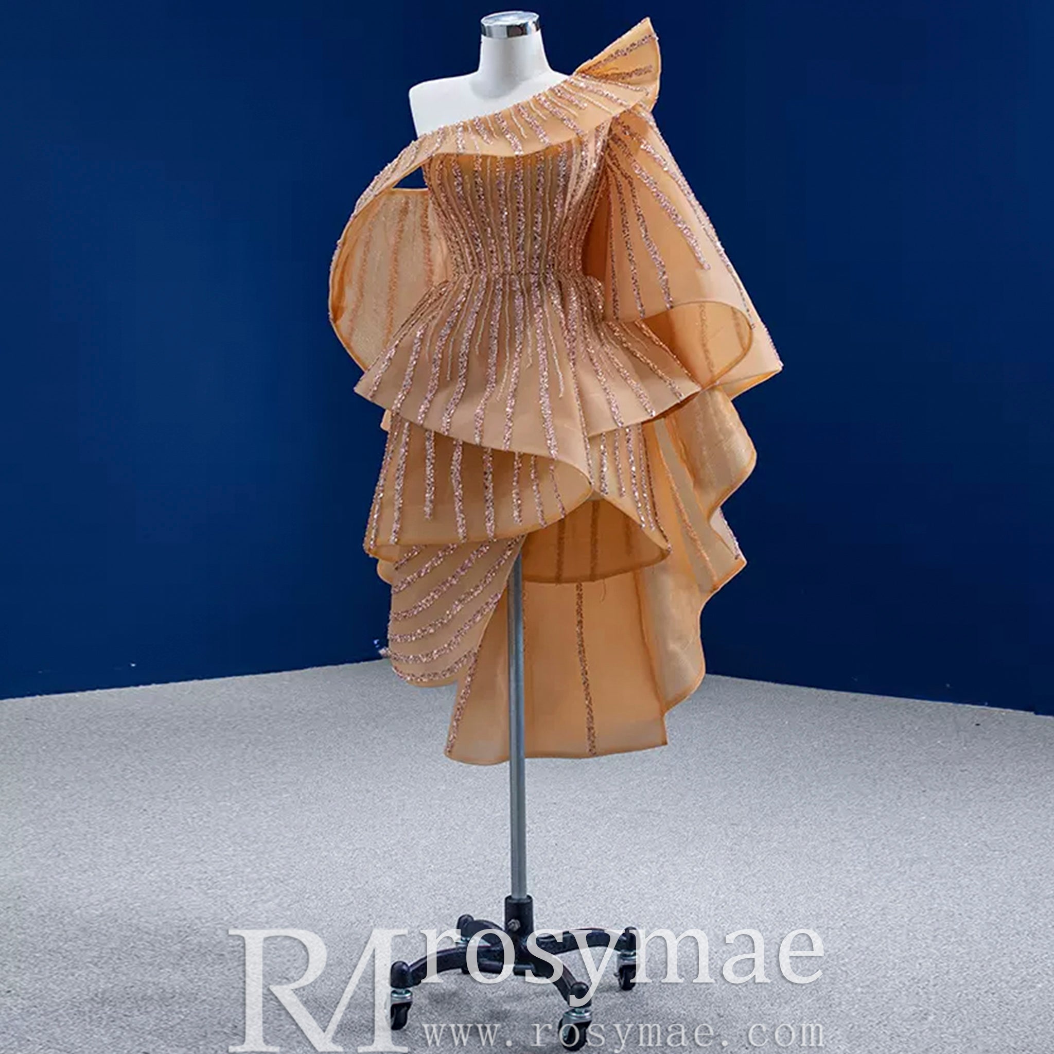 Graduation Dress Above Knee Midi Prom Gown with Ruffle Champagne Gold / 26W Graduation Dress Above Knee Midi Prom Gown with Ruffle Champagne Gold / 26W