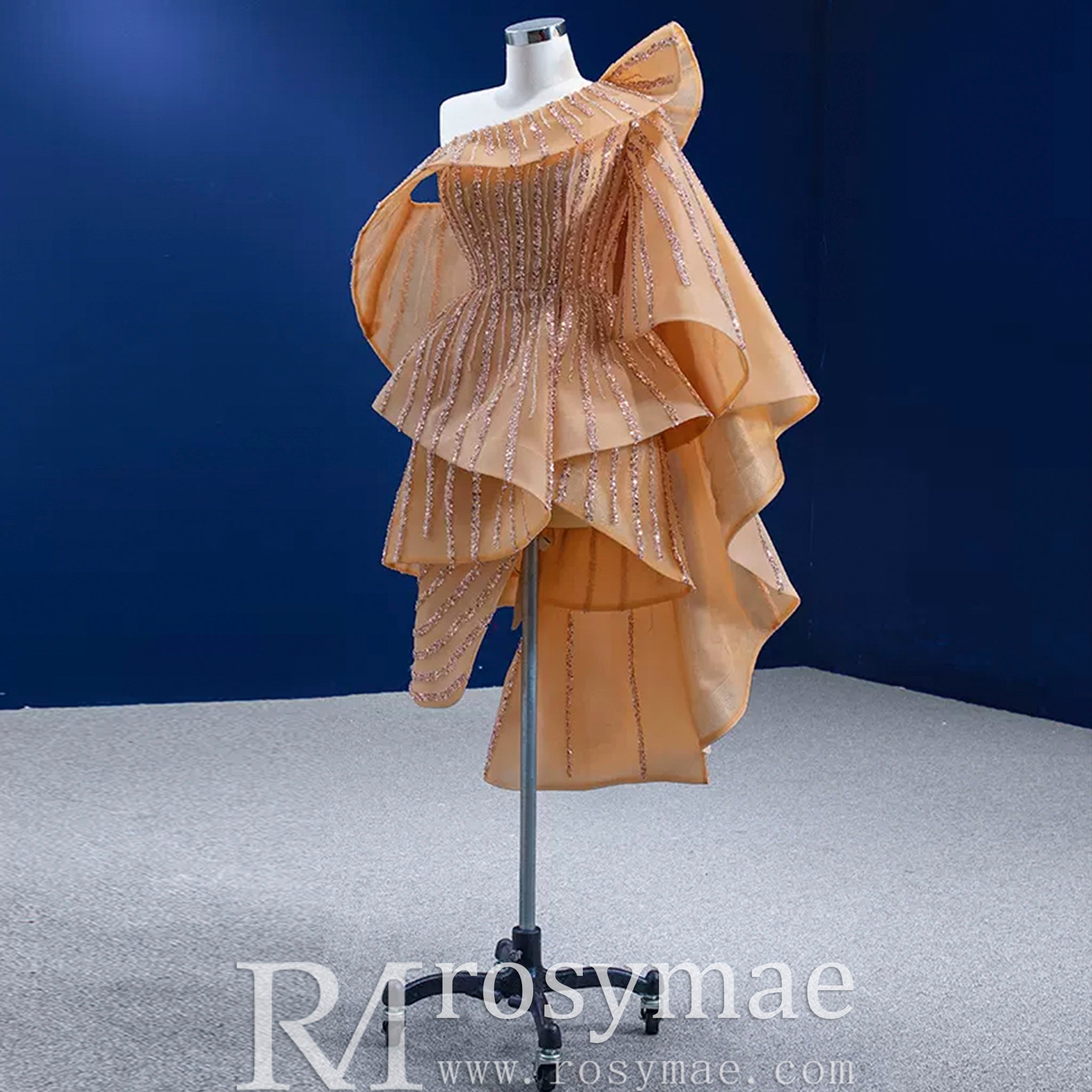 Graduation Dress Above Knee Midi Prom Gown with Ruffle Champagne Gold / 26W Graduation Dress Above Knee Midi Prom Gown with Ruffle Champagne Gold / 26W