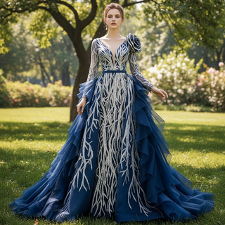 Gorgeous Long Sleeve Evening Dress Prom Gown with Detachable Train