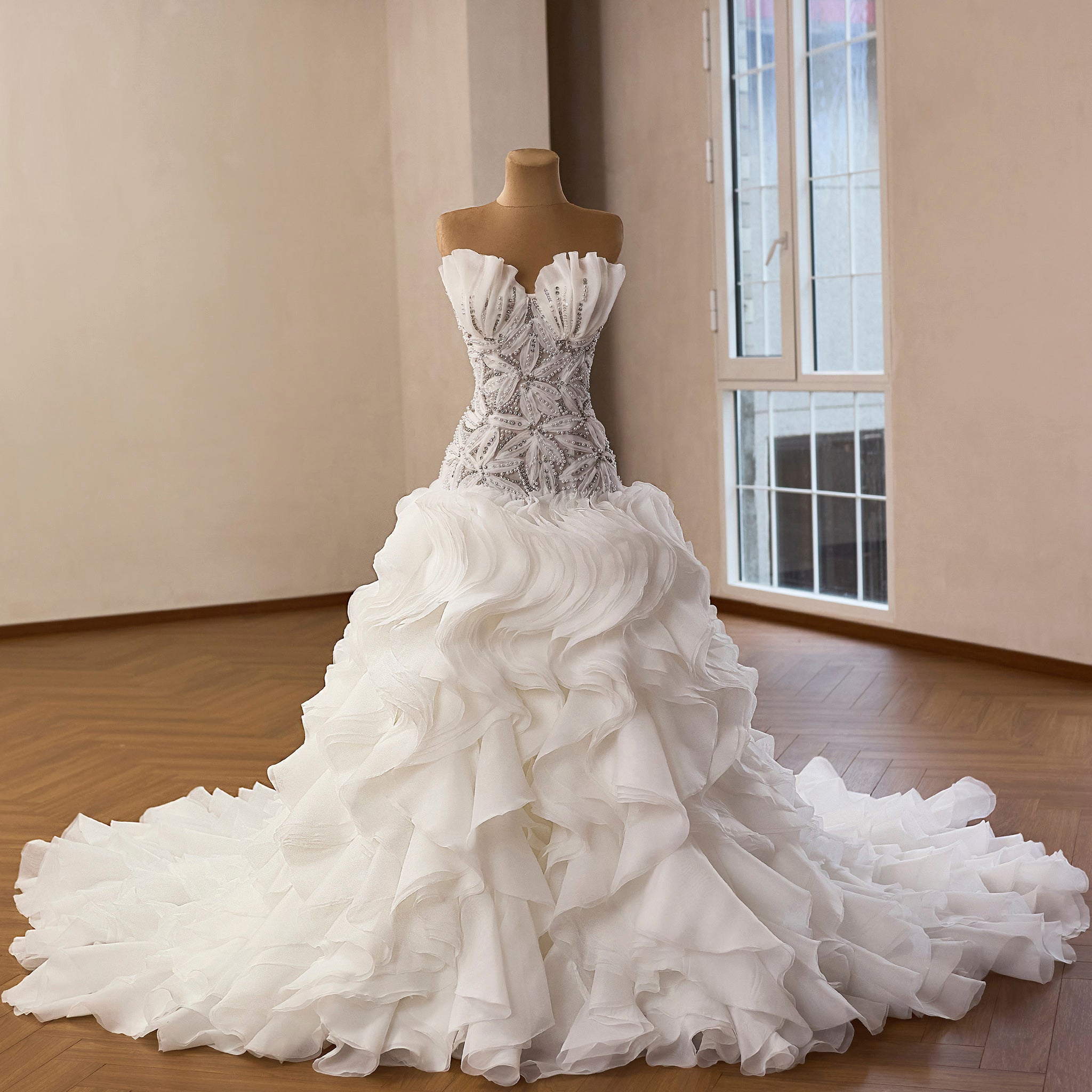Strapless Wedding Dress Hand Beaded Corset Bodice Ruffles Skirt Heavil Rosymae Strapless Wedding Dress Hand Beaded Corset Bodice Ruffles Skirt Heavil Rosymae