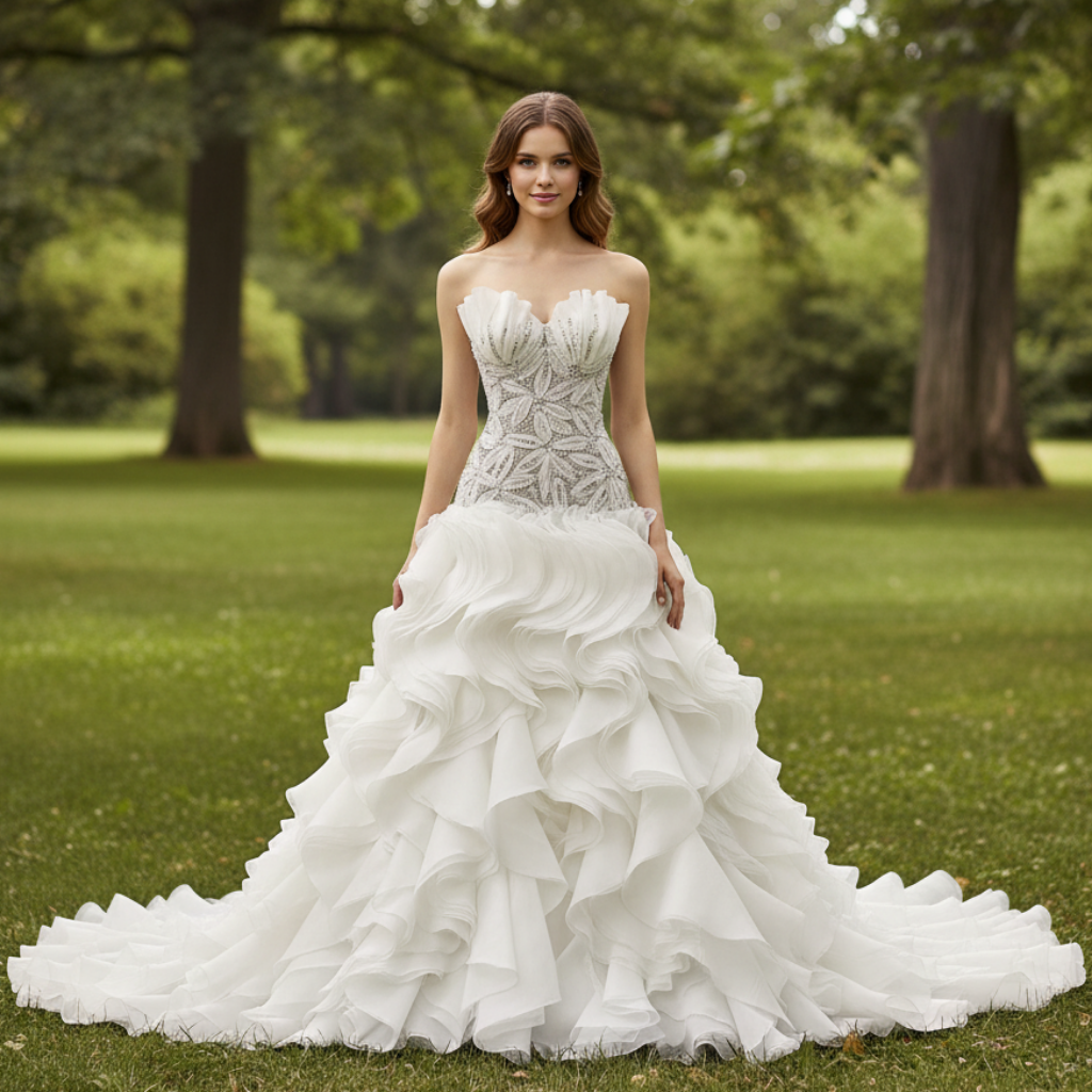 Strapless Wedding Dress Hand Beaded Corset Bodice Ruffles Skirt Heavil Rosymae Strapless Wedding Dress Hand Beaded Corset Bodice Ruffles Skirt Heavil Rosymae