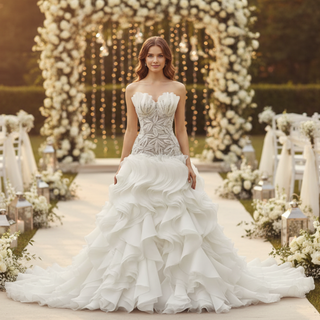 Strapless Wedding Dress Hand Beaded Corset Bodice Ruffles Skirt Heavily Embellished