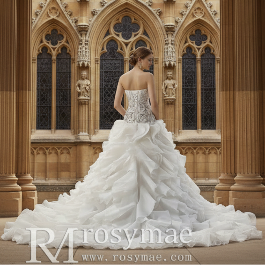 Strapless Wedding Dress Hand Beaded Corset Bodice Ruffles Skirt Heavil Rosymae Strapless Wedding Dress Hand Beaded Corset Bodice Ruffles Skirt Heavil Rosymae